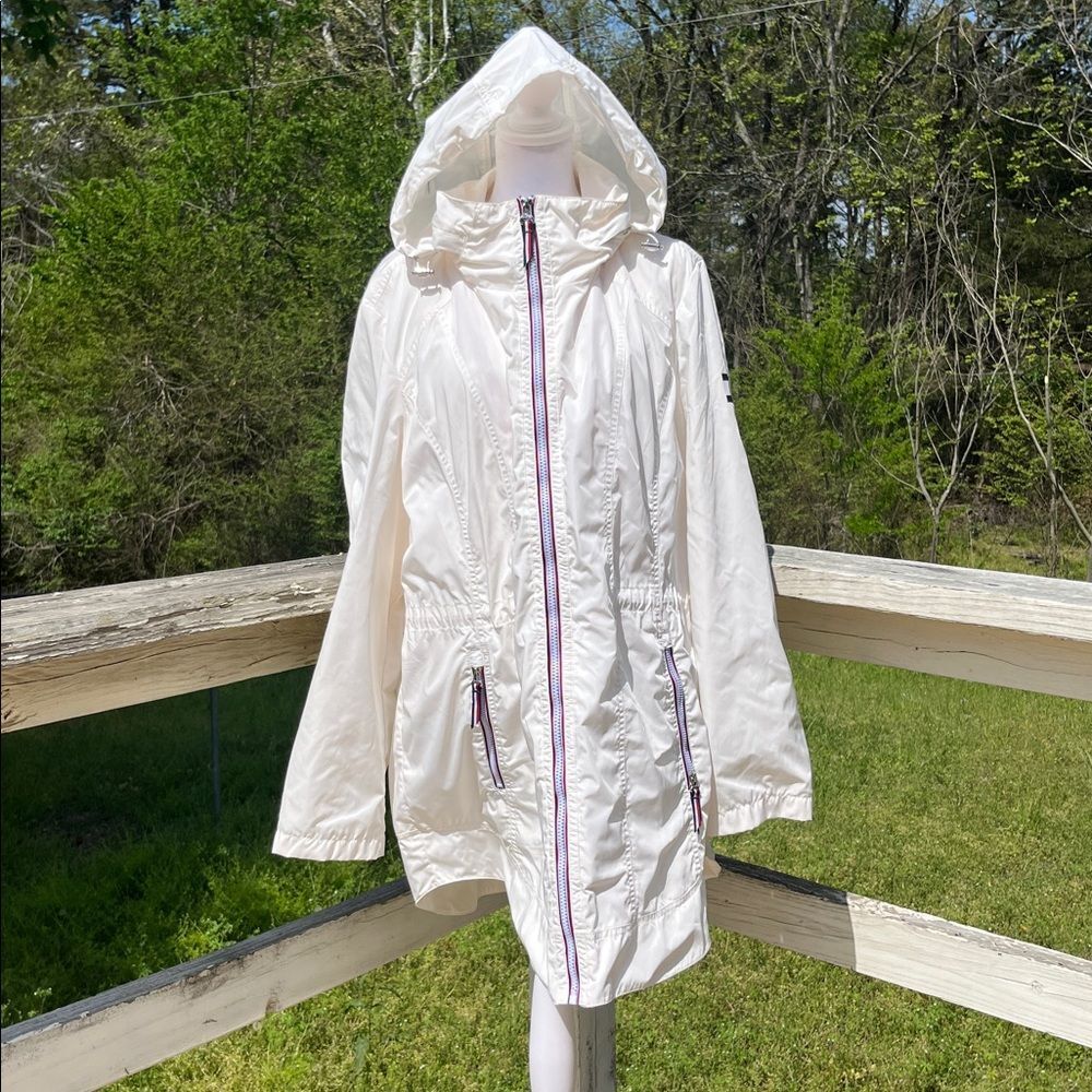 Tommy Hilfiger Cream Hooded Full-zip Windbreaker Rain Jacket Size XL EUC